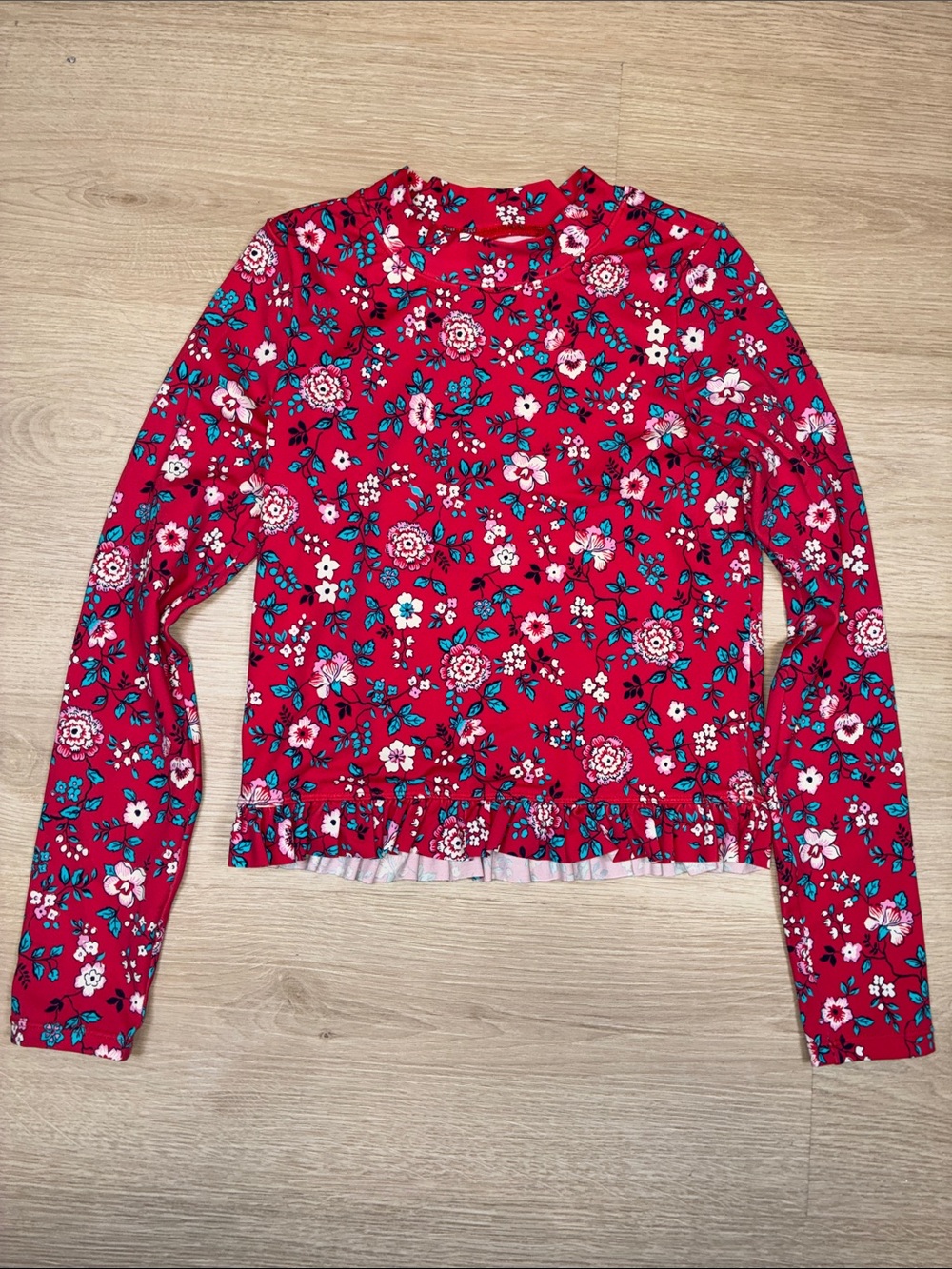 Janie and Jack Red Floral Ruffle-Hem Long Sleeve Rash Guard Top